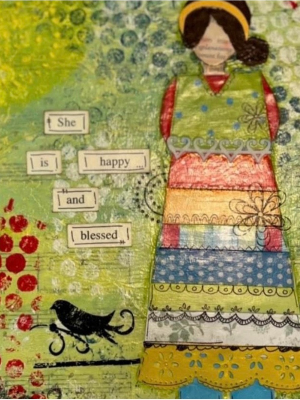 Mixed Media Folk Art Girl Wall Print - Colorful Layered Dress